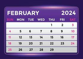 February 2024 Monthly Modern Calendar Design With Shiny Glow in Purple Shade vector