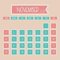 November 2024 monthly calendar design with thin font where week starts from sunday vector