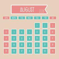 August 2024 monthly calendar design with thin font where week starts from sunday vector
