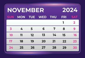 November 2024 Monthly Modern Calendar Design With Shiny Glow in Purple Shade vector