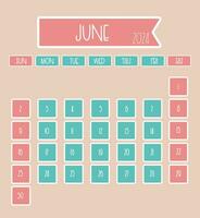 June 2024 monthly calendar design with thin font where week starts from sunday vector