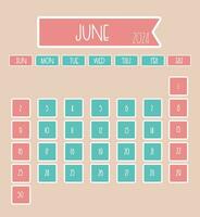 June 2024 monthly calendar design with thin font where week starts from sunday vector