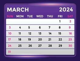 marzo 2024 mensual moderno calendario diseño con brillante resplandor en púrpura sombra vector