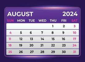 agosto 2024 mensual moderno calendario diseño con brillante resplandor en púrpura sombra vector