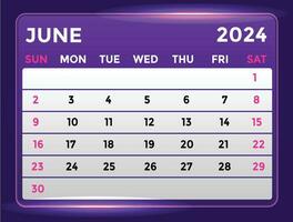June 2024 Monthly Modern Calendar Design With Shiny Glow in Purple Shade vector