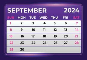 September 2024 Monthly Modern Calendar Design With Shiny Glow in Purple Shade vector