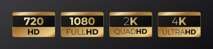 Hd full hd and 2k and 4k gold video quality icons vector