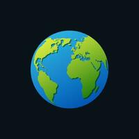 Round planet earth with continents. Blue seas and oceans with green geographic lands for graphic vector design