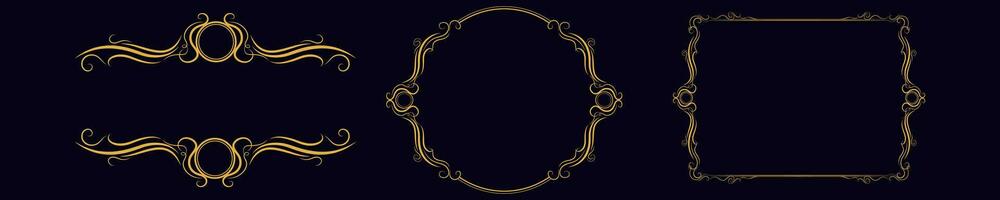 Abstract round golden frame. Decorative twisted lines with circle in center ornate striped ornament in antique vector style.