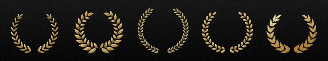 Golden laurel wreath. Winner symbol and trophy decorated with ornament branches with award distinctions and sports vector triumph