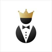 Royal man in tuxedo and bow tie with golden crown. Luxury vip style for gentleman and businessman for creative conferences and vector receptions