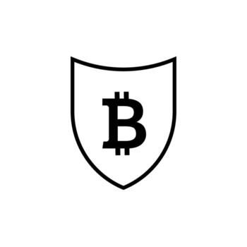 Black shield with bitcoin sign. Virtual currency web security symbol and blockchain protection from viruses and hacking with mandatory user verification and firewall vector