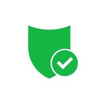 Green safety shield with check mark icon. Web security and protection against viruses and hacking with mandatory user check and vector firewall