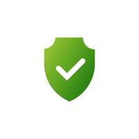 Green shield with check mark icon. Symbol of web security and protection against viruses and hacking with mandatory user check and vector firewall