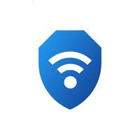 Blue shield with wifi signal icon. Security and password for distribution of wireless internet and protection against viruses and hacking with mandatory user check and vector firewall