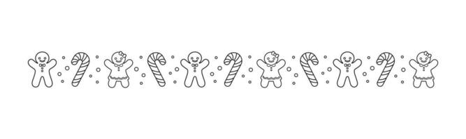 Christmas themed decorative border and text divider, Gingerbread Cookies and Candy Cane Pattern Outline Doodle. Vector Illustration.