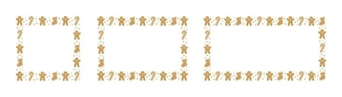 Square and Rectangle Gingerbread Cookies Frame Border Set, Christmas Winter Holiday Graphics. Homemade sweets pattern, card and social media post template. Vector illustration.