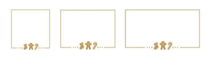 Square and Rectangle Gingerbread Cookies Frame Border Set, Christmas Winter Holiday Graphics. Homemade sweets card and social media post template. Vector illustration.