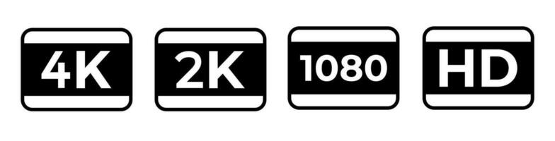 Hd full hd and 2k and 4k black simple video quality icons vector