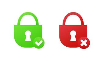 Green and red padlock with checkmark and cross. Secure and dangerous web login and encryption of confidential vector information