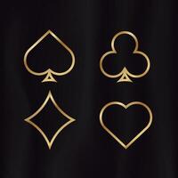 Golden outline card suits. Yellow gradient symbol of gambling luck in poker and successful game in casino with blackjack and bets vector