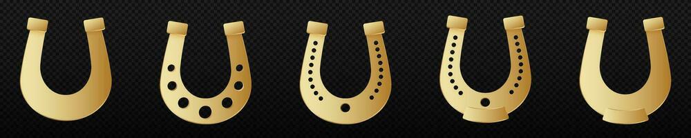 Golden horseshoe. Curved symbol of good luck with embossed decorative holes interior decoration element and attribute for hooves of cattle vector. vector