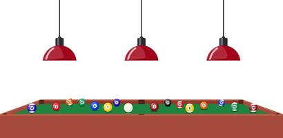 Pool Billiard table and hanging lamps under it, side view. Multi colored pool balls on billiard table. Vector illustration.