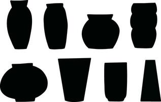 Black stenciled silhouettes of vases for flowers isolated on white background. vector