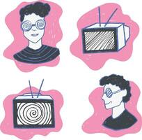 hand-drawn stickers with a TV and a man with glasses isolated on a white background vector