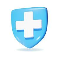 Blue shield with white cross. 3D vector icon.