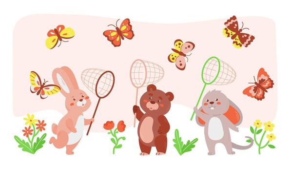 Cute animals catching butterflies with a net in a clearing. vector