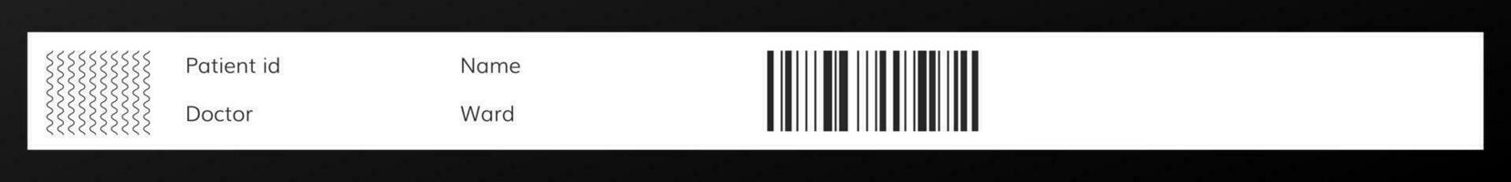 Medical bracelet with patient data mockup. Hospital placard ID with name and age to access medical history and verify vector identity