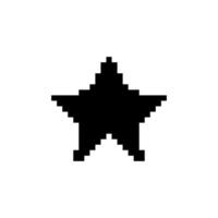 Black pixel star. Design element with jagged 8bit edges for games and computer annotations with retro vector graphics