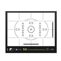 Digital camera with screens of shooting modes template. Black professional gadget with variable geometric setting of vector filming displays.