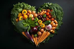 Food, vegetables, fruits and seasonings forming a heart from above. Generative AI photo