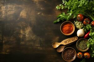 Seasonings, vegetables, fruits and foods on dark background. view from above. Generative AI photo