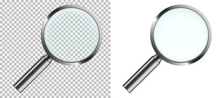 Magnifying glass set. Scaling and exploring tool with long handle and concave mirror glass realistic vector design