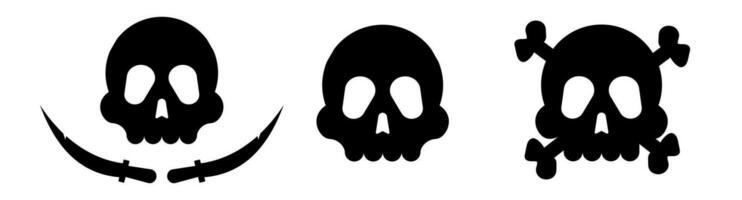 Skull with crossbones and saber. Black symbol of death and pirates with sinister danger of robbery and brotherhood of vector corsairs