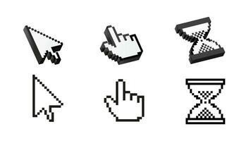 Pointer pixel cursor arrow finger. Computer mouse digital interface element for action selection and online vector direction