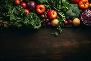 Seasonings, vegetables, fruits and foods on dark background. view from above. Generative AI photo