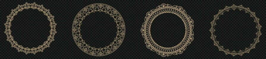 Decorative golden circles frame. Rounded rings with ornate ornament in oriental and arabic style antique disks with patterned vector ornament.