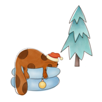 preparazione per nuovo anno e Natale inverno vacanze. carino gatto nel Santa cappello decorato Natale albero con palloncini e abbattere addormentato. clip arte tagliare su acquerello illustrazione su trasparente sfondo png