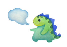 cut out talking dinosaur in watercolor style, dialog cloud with empty copy space. Clipart speech bubbles with stains and children's cute character. dialogue, thoughts, idea on transparent background png