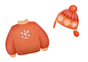 bambini inverno rosso a maglia maglione, caldo di lana cappello con i fiocchi di neve su trasparente sfondo. copricapo, freddo tempo metereologico Accessori tagliare su collezione. infantile indumento carino acquerello clipart impostato png