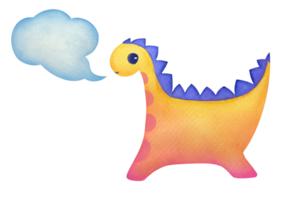 cut out talking dinosaur in watercolor style, dialog cloud with empty copy space. Clipart speech bubbles with stains and children's cute character. dialogue, thoughts, idea on transparent background png