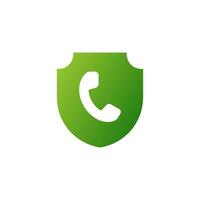 Green shield with handset icon. Communication and subscriber protection with the possibility of vector calls online