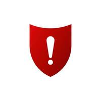 Red shield with exclamation point. Danger and web virus warning symbol with possibility of system damage and hacker vector hacks