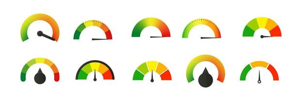 Round control measuring indicator set. Power gauge with dial showing positive green and negative red pressure with dashboard vector speedometer