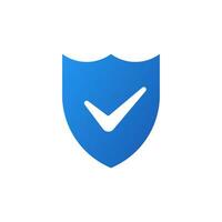 Blue shield with check mark icon. Label of web security and protection against viruses and hacking with mandatory user check and vector firewall