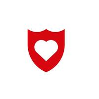 Red shield with heart icon. Cardio system protection symbol and development of romance and warm vector feelings